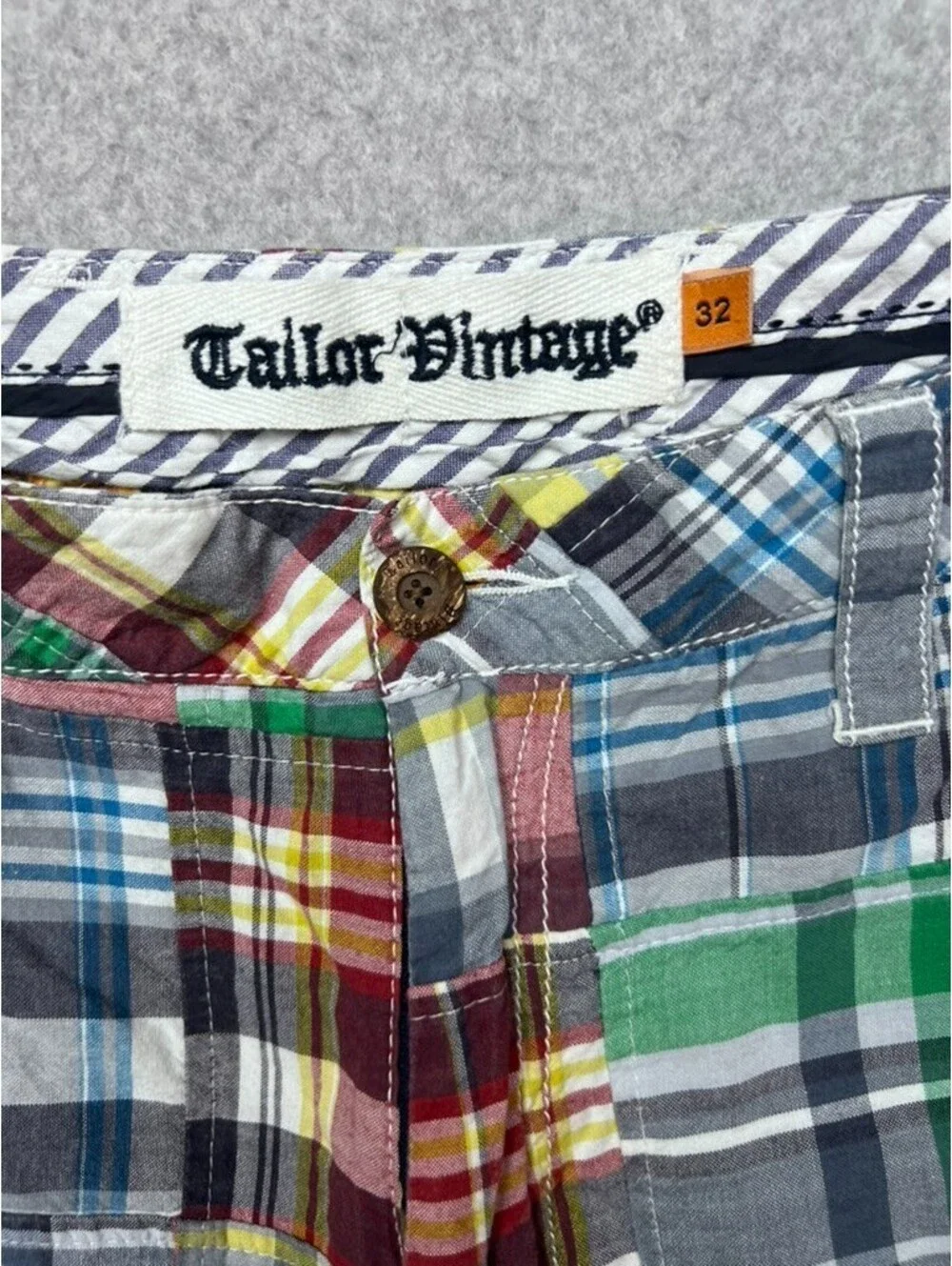 Mens Tailor Vintage Madras Plaid 100% Cotton Shorts Sz 32 Patchwork Preppy Chino